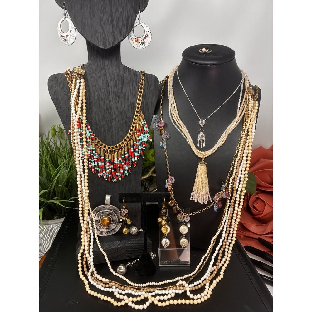 Vintage Colorful Seed Bead Fringe Bib Necklace Gold Tone Boho Southwest - Picture 9 of 9